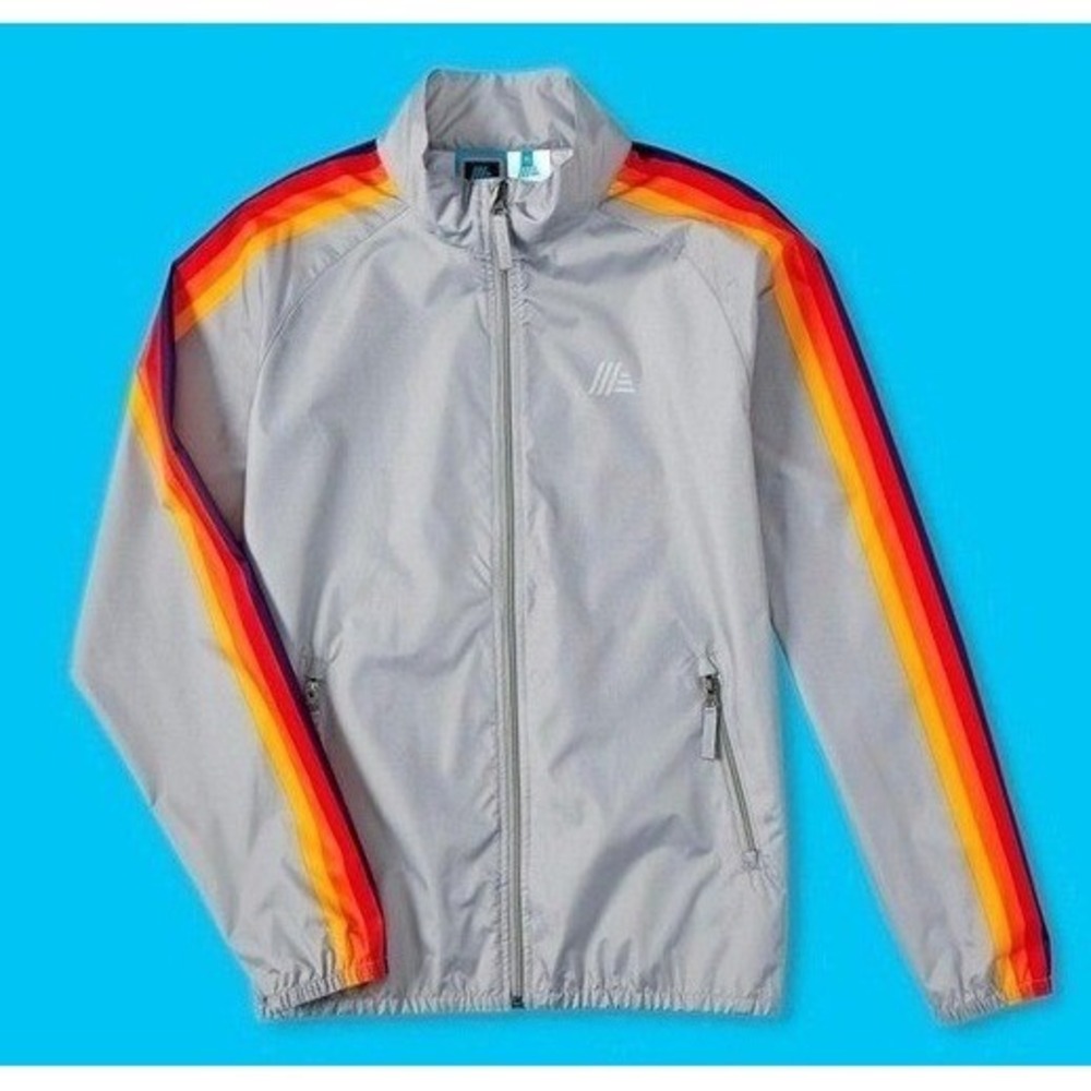 Aldi Men NWT Medium Windbreaker Limestone Grey Rainbow Stripe Retro Streetwear